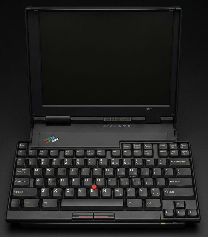 ThinkPad 701C open on a black background, its TrackWrite keyboard expanded wider than the display lid