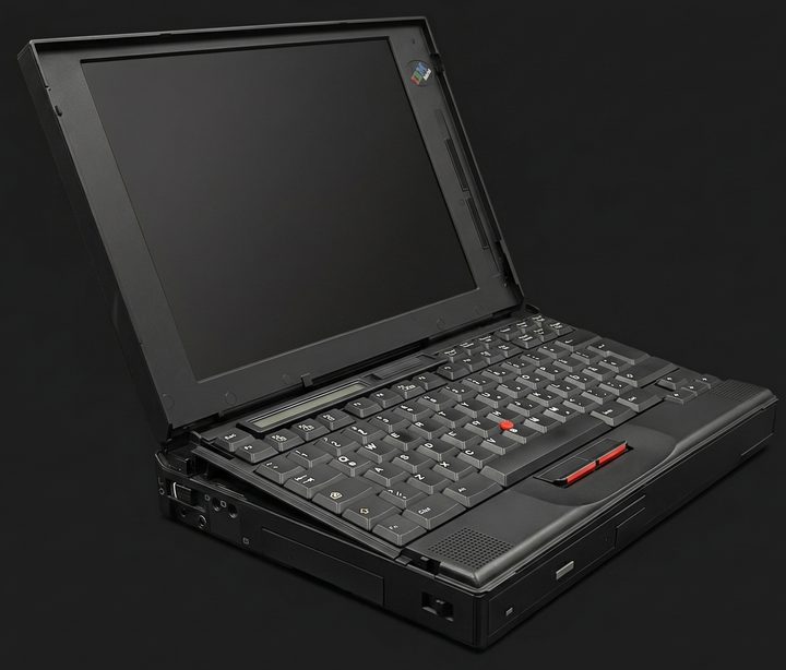 ThinkPad 760EL open, with its keyboard tilted up, the red TrackPoint and the small LCD status panel at the top of the keyboard